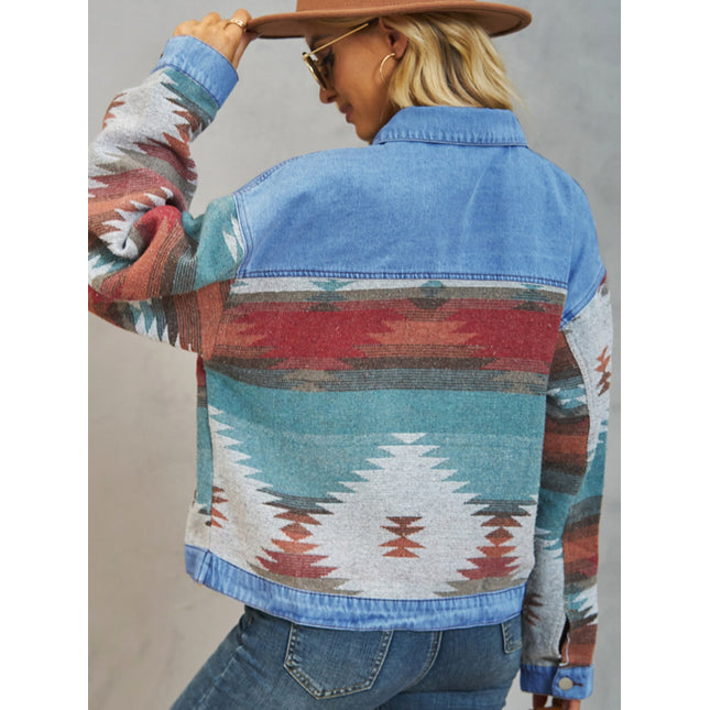 Geometric Button Up Dropped Shoulder Denim Jacket