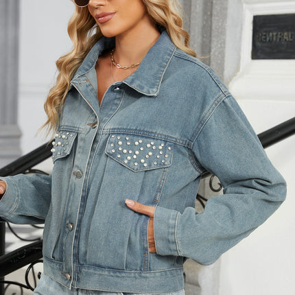 Rhinestone & Peal Trim Button Down Long Sleeve Denim Jacket