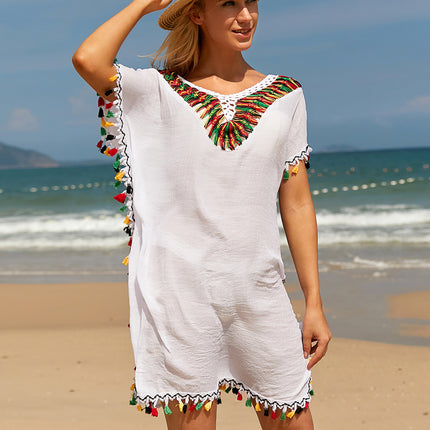 Tassel V-Neck Short Sleeve Cover Up