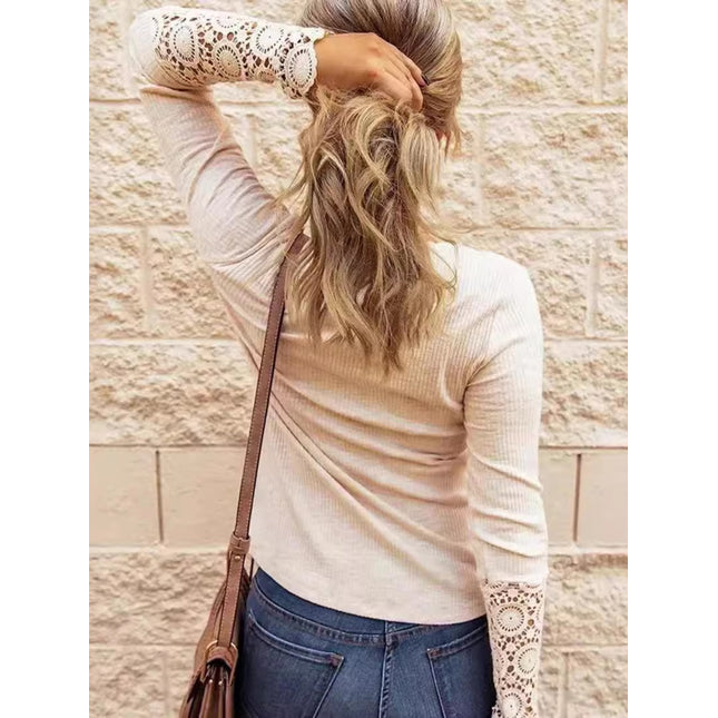 Lace Detail Half Button Round Neck Long Sleeve T-Shirt