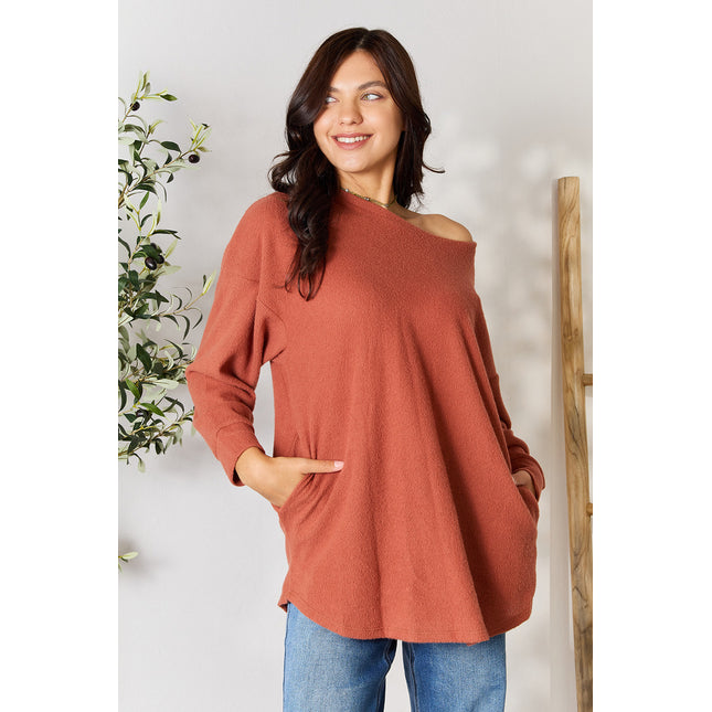 BOMBOM Drop Shoulder Long Sleeve Blouse with Pockets