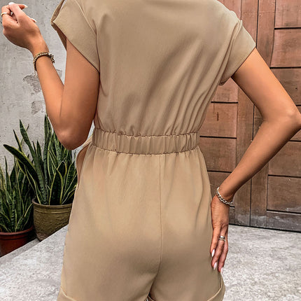 Collared Neck Tie Waist Romper with Pockets