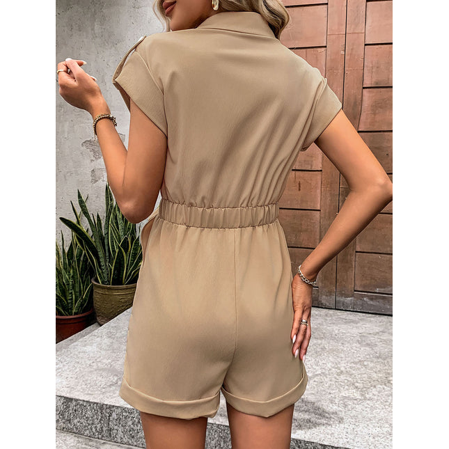 Collared Neck Tie Waist Romper with Pockets