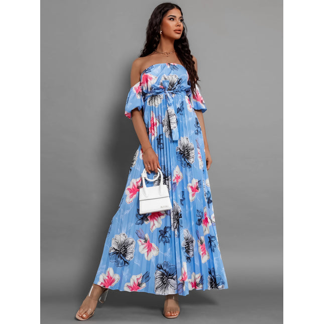 Pleated Floral Off-Shoulder Short Sleeve Midi Dress