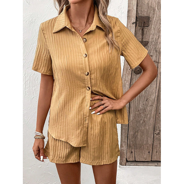 Textured Button Up Shirt and Shorts Set