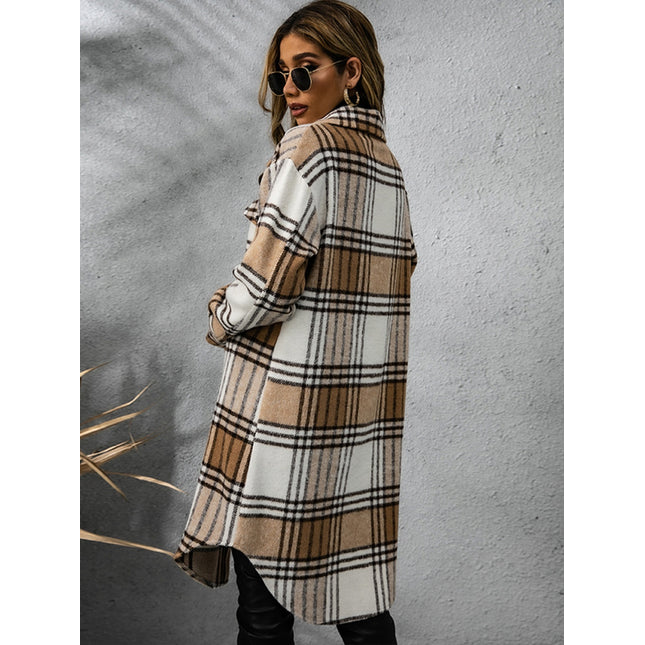 Plaid Collared Neck Long Sleeve Coat