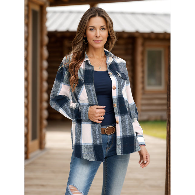 Full Size Pocketed Plaid Collared Neck Shacket