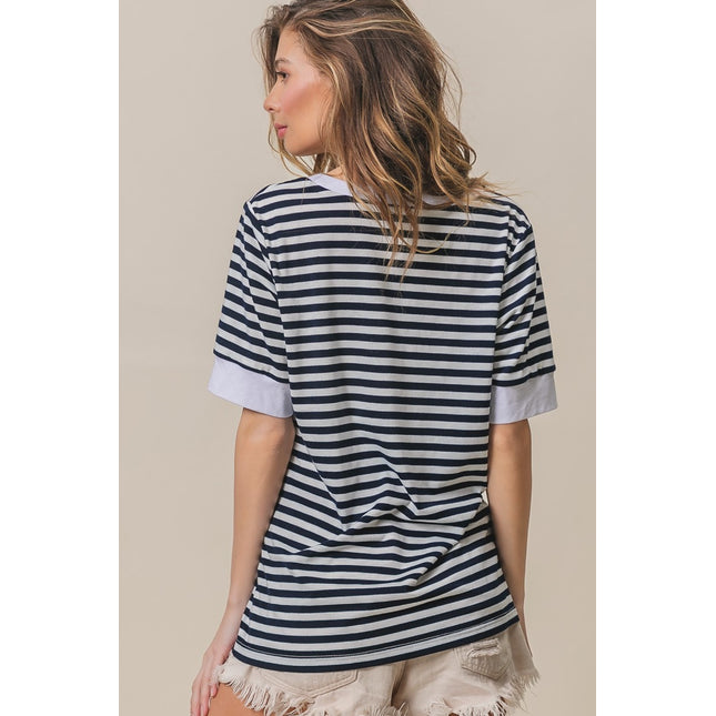 BiBi Contrast Striped Notched Knit Top