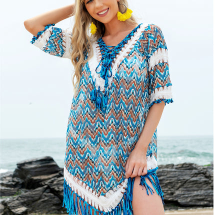 Fringe V-Neck Half Sleeve Cover-Up