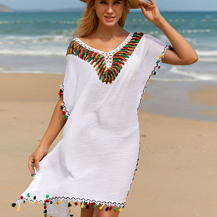 Tassel V-Neck Short Sleeve Cover Up