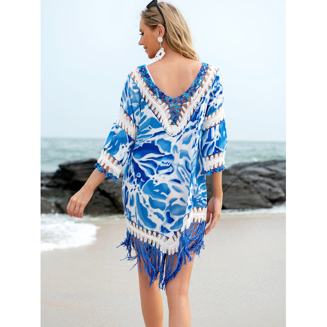 Cutout V-Neck Three-Quarter Sleeve Cover Up