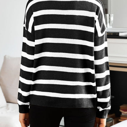 Many Striped Johnny Collar Long Sleeve Sweater