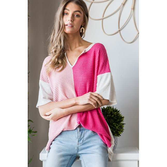 Heimish Full Size Contrast Waffle-Knit Half Sleeve Blouse