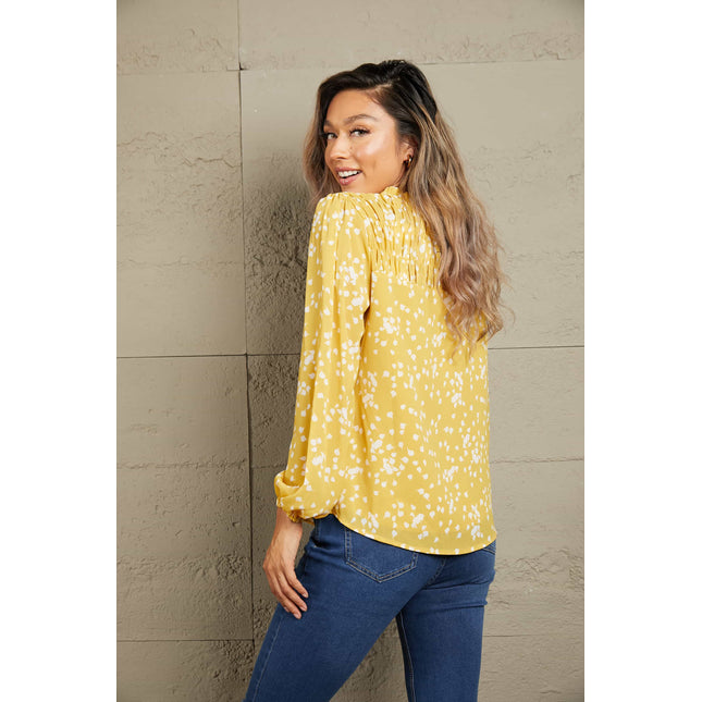 Double Take Printed Notched Neck Smocked Blouse