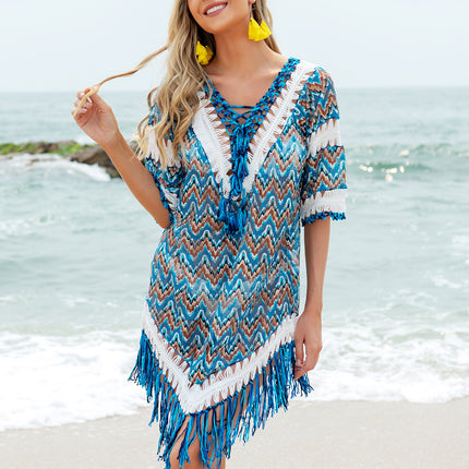 Fringe V-Neck Half Sleeve Cover-Up