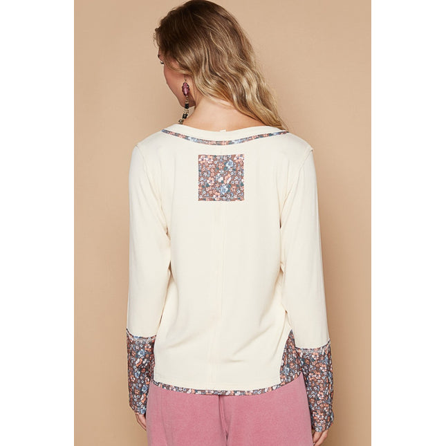 POL V-Neck Long Sleeve Floral Number Patch T-Shirt