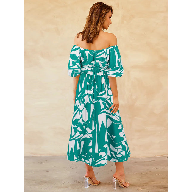 Printed Off-Shoulder Balloon Sleeve Dress