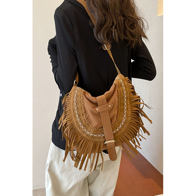 Suede Fringe Wide Strap Shoulder Bag