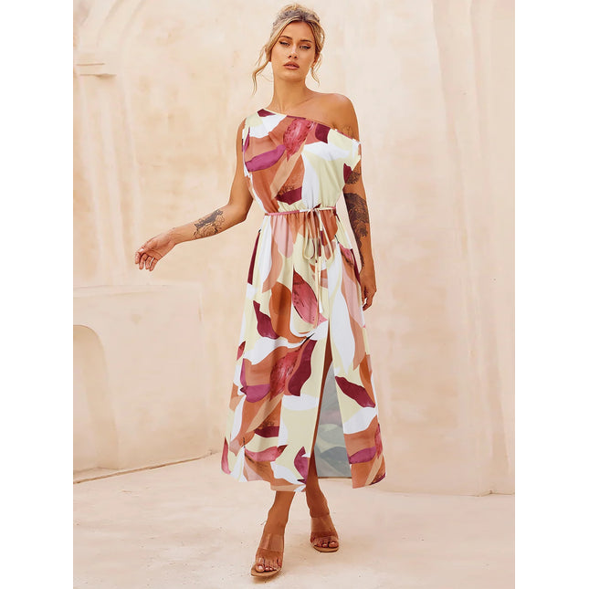 Printed One Shoulder Short Sleeve Dress