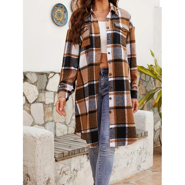 Plaid Collared Neck Long Sleeve Jacket