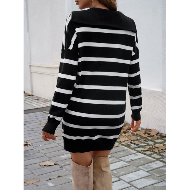 Devine Quarter Zip Striped Long Sleeve Sweater Dress