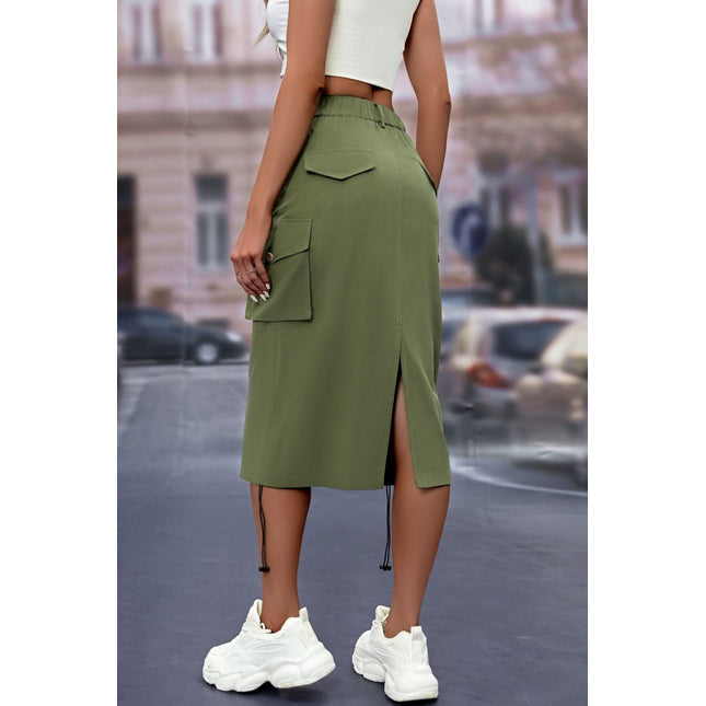 Drawstring Slit Skirt with Pockets