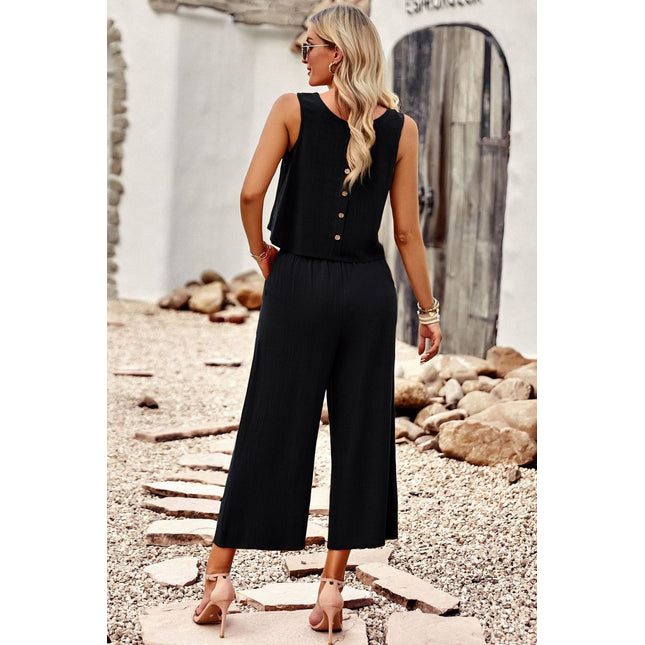 Devine Buttoned Round Neck Tank and Wide Leg Pants Set