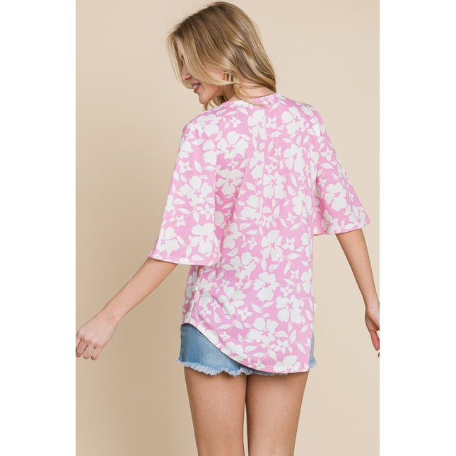 BOMBOM Floral Decorative Button V-Neck Top