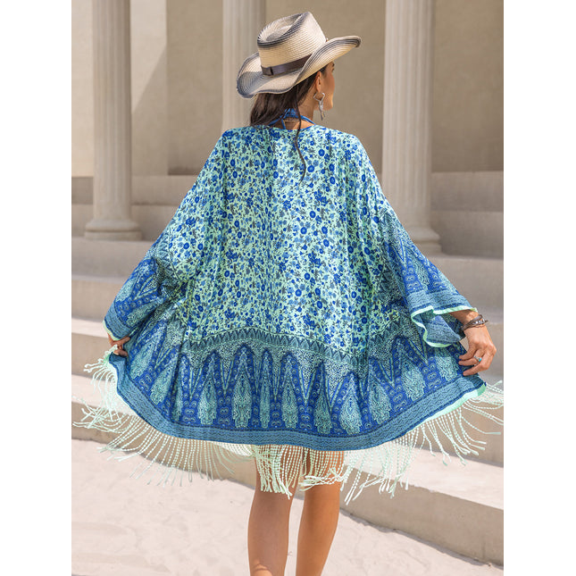 Fringe Printed Open Front Cover-Up