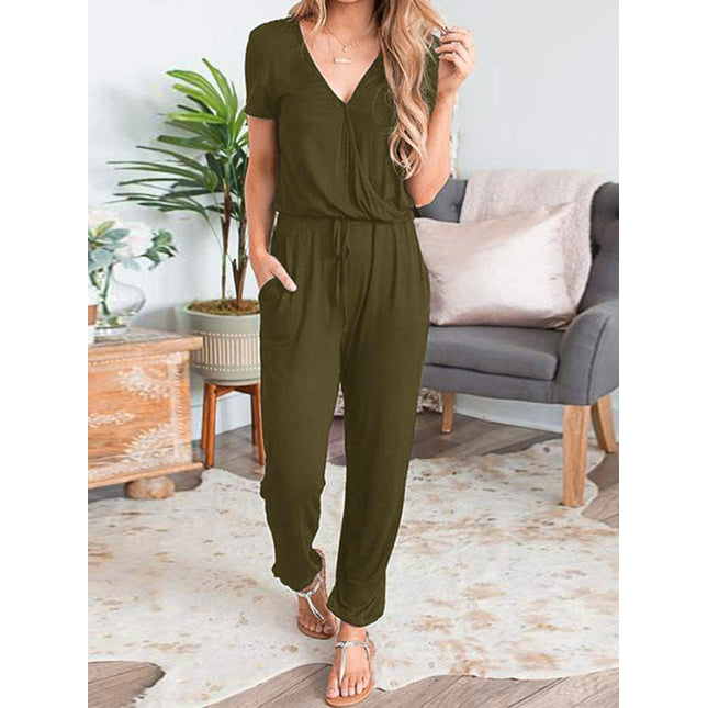 Drawstring Surplice Short Sleeve Jumpsuit