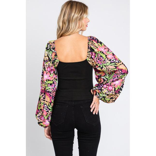 ODDI Full Size Floral Balloon Sleeve Blouse