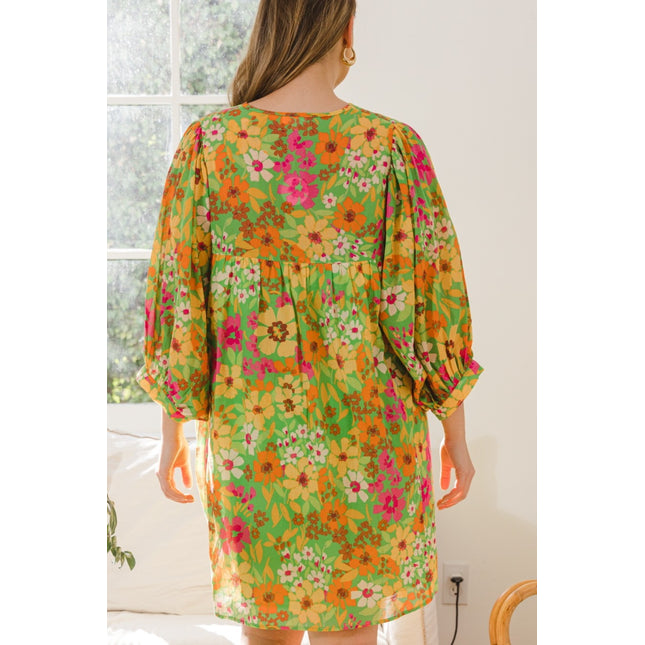 ODDI Full Size Floral Tied Neck Mini Dress