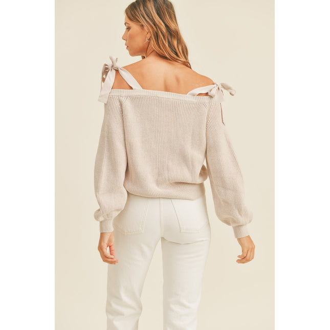 MABLE Off Shoulder Self Tie Strap Button Down Sweater