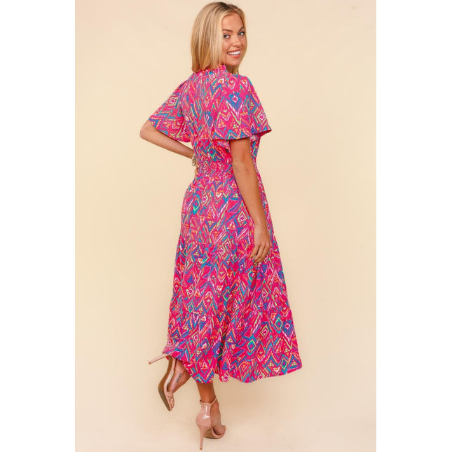 Haptics Abstract Print Smocked Waist Dress with Pockets