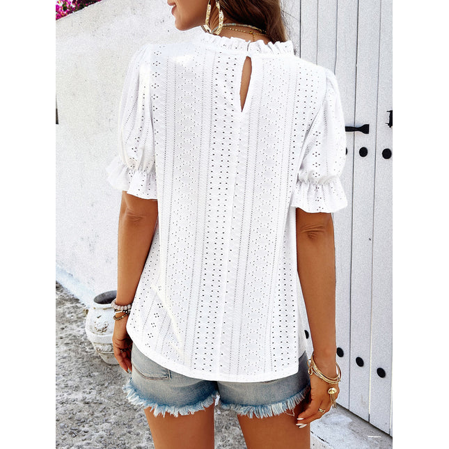 Eyelet Mock Neck Flounce Sleeve Blouse