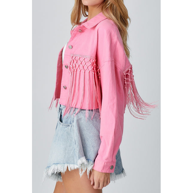 Tassel Sequin Letter Long Sleeve Denim Jacket