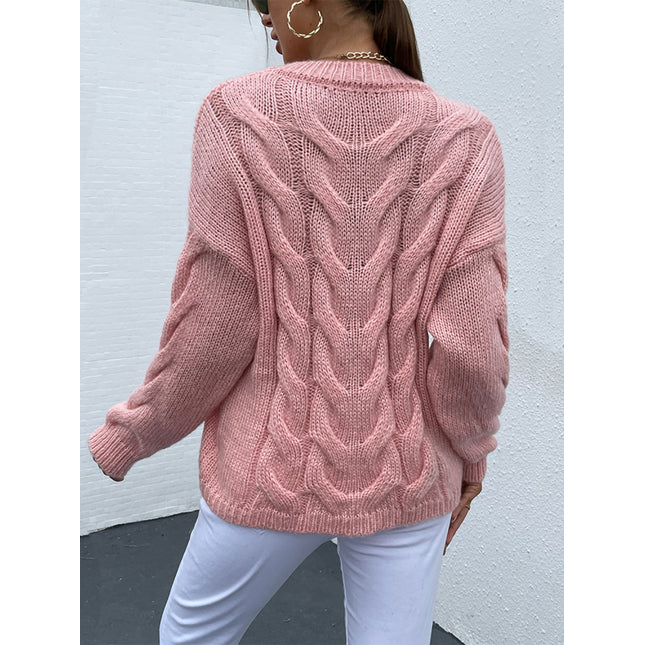 Shiny Cable-Knit Round Neck Long Sleeve Sweater