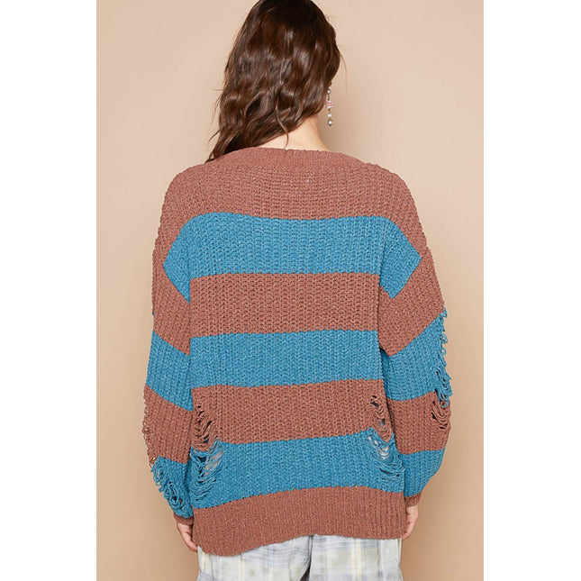 POL Striped Distressed Long Sleeve Sweater