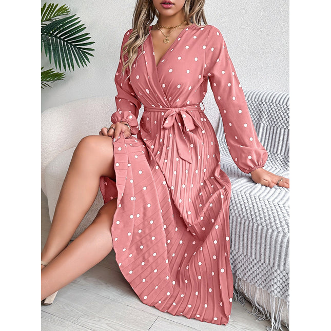 Tied Polka Dot Long Sleeve Midi Dress