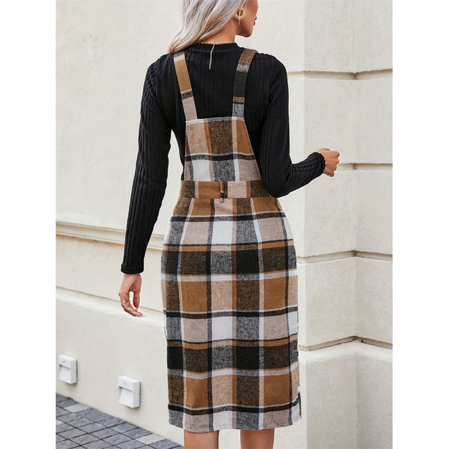 Slit Plaid Wide Strap Overall Dress