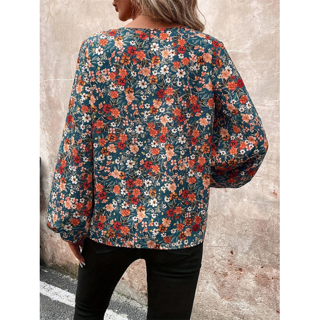 Printed V-Neck Balloon Sleeve Blouse