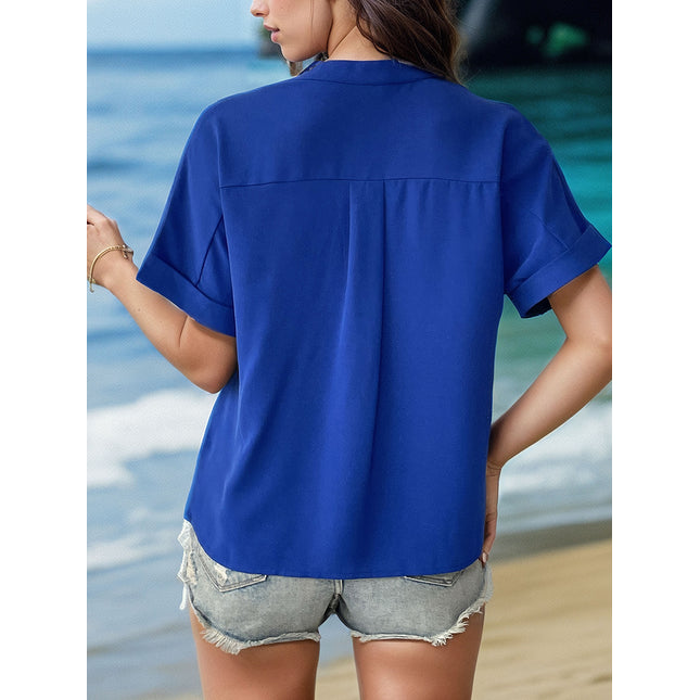 Buttoned Notched Short Sleeve Blouse