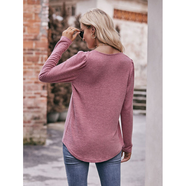 Double Take Pleated Detail Curved Hem Long Sleeve Top