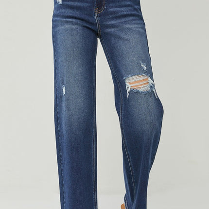 RISEN Full Size High Rise Distressed Wide Leg Jeans