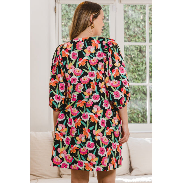 ODDI Full Size Floral Puff Sleeve Mini Dress