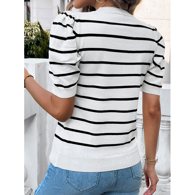 Striped Round Neck Puff Sleeve Knit Top