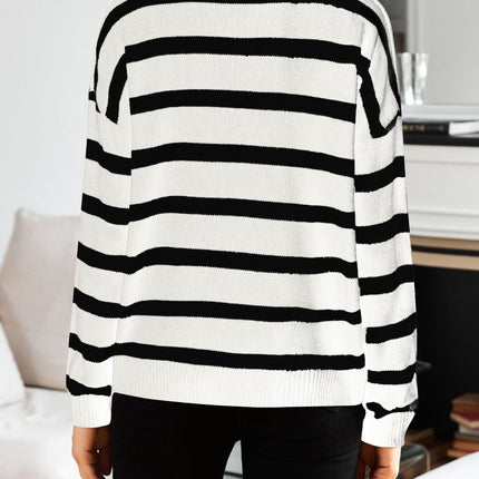 Many Striped Johnny Collar Long Sleeve Sweater