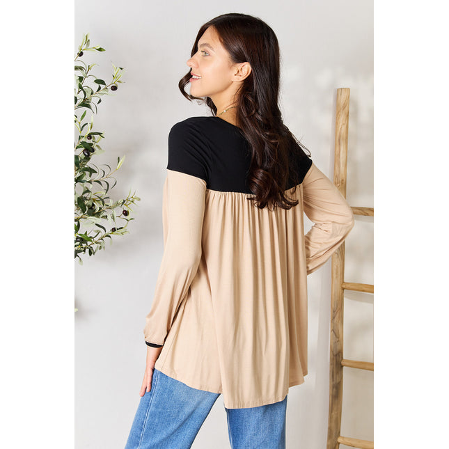 BOMBOM Contrast Long Sleeve Ruched Blouse