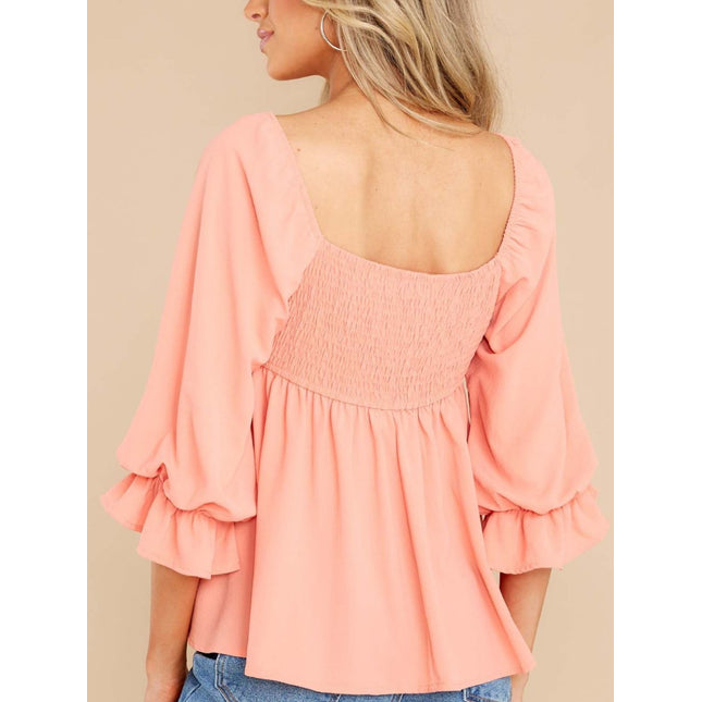 Smocked Square Neck Flounce Sleeve Blouse