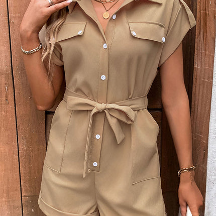 Collared Neck Tie Waist Romper with Pockets